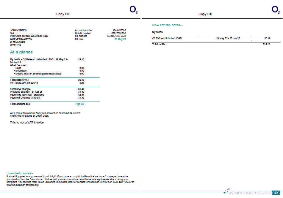 download download USA O2 utility bill template in Word and PDF formats, 2 pages, version 2 PDF template PDF template